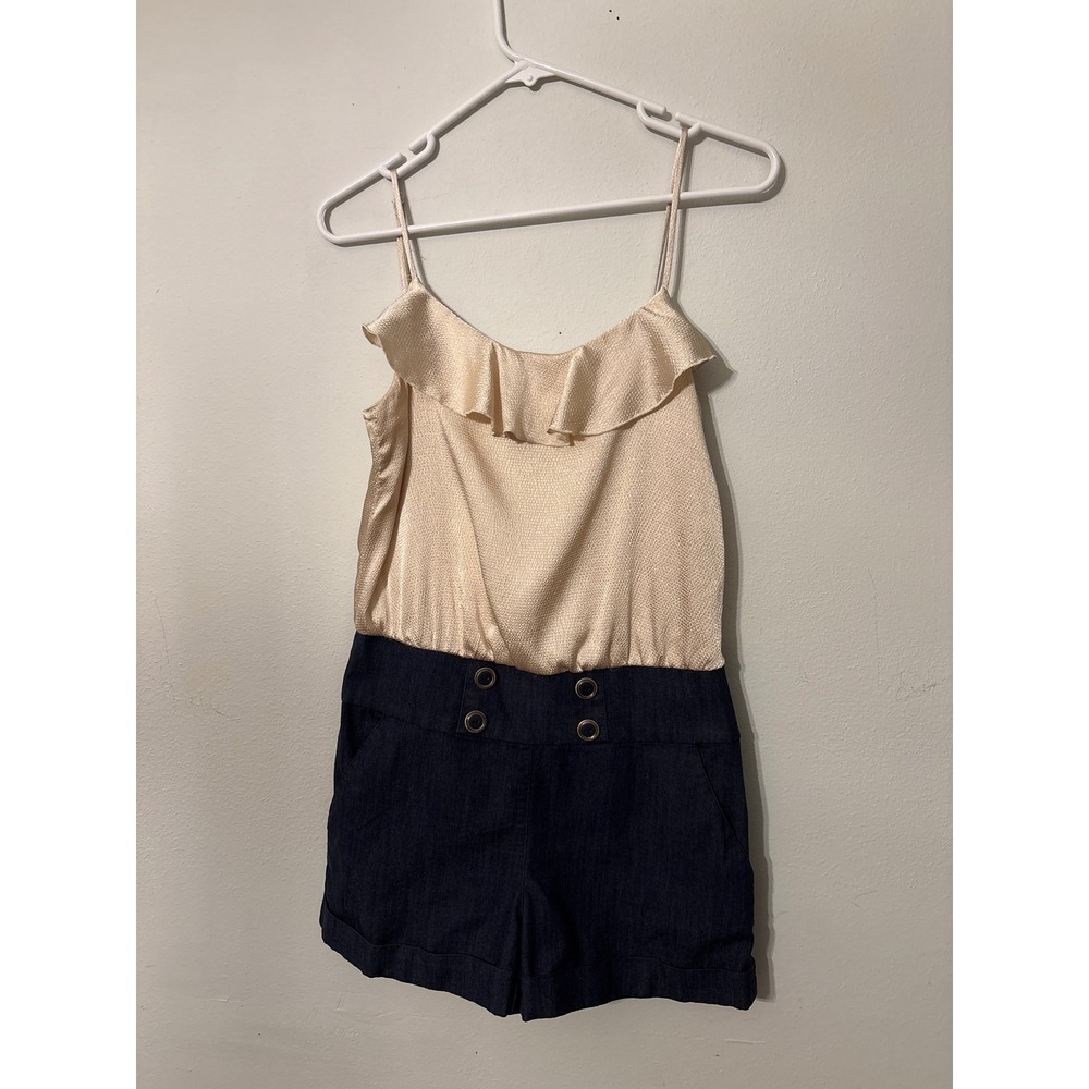 Grass Collection Romper Womens Small Champagne Navy Excellent Ruffle Nautical